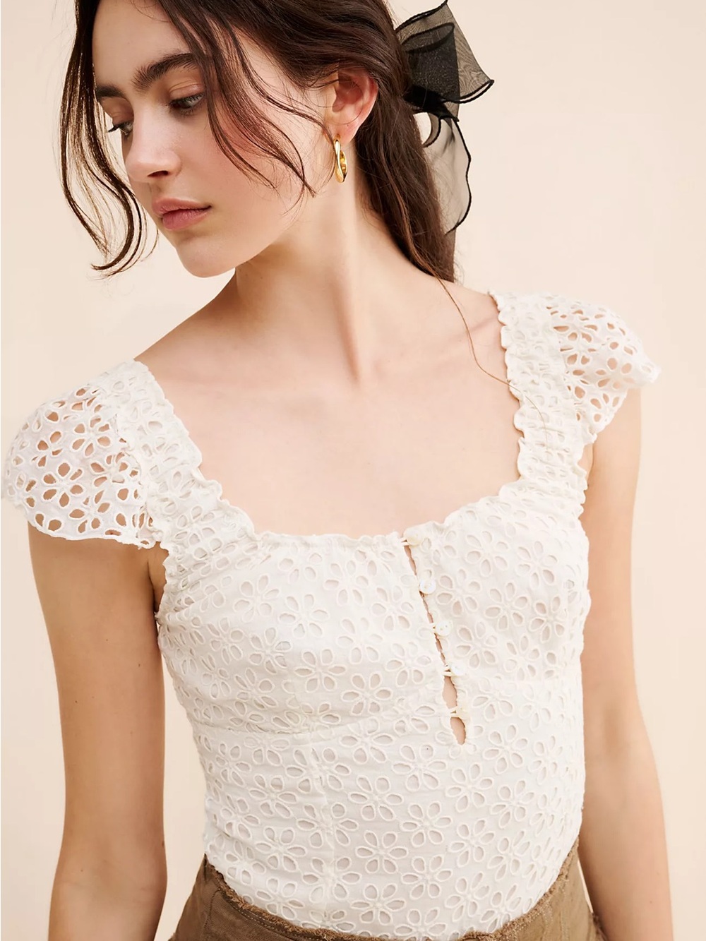 BRAND NEW WITH TAGS Free People White Eyelet Square-Neck Cap Sleeve Top